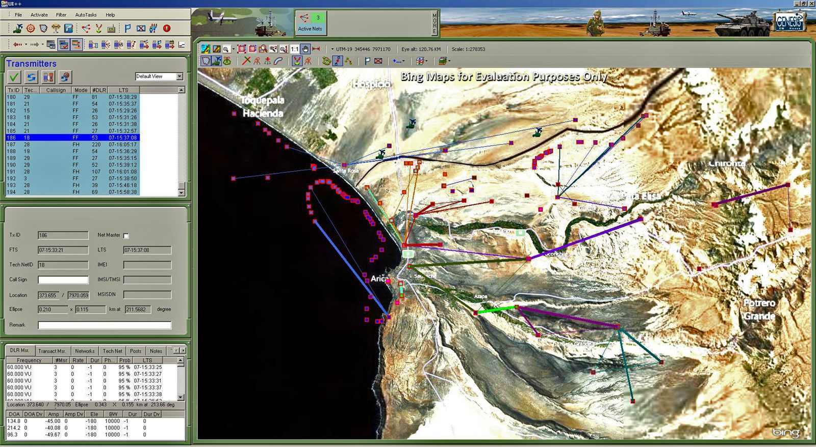 GenCOM UI++ displaying transmitters and inter-transmitter links over mapped terrain