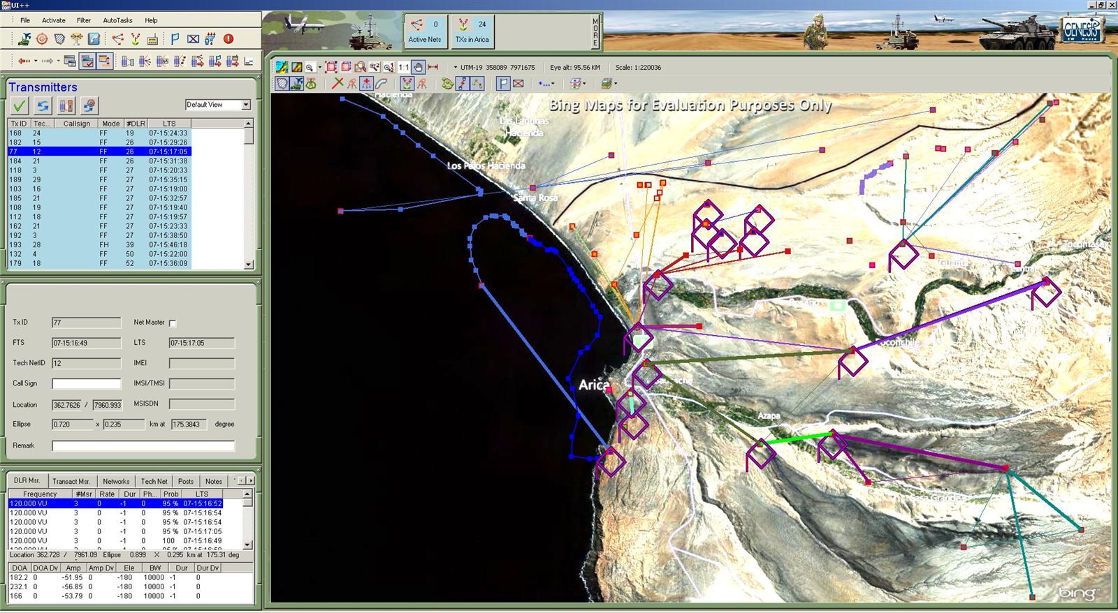 GenCOM EOB output: military unit symbology and hierarchy resolved from intercepted communications and plotted on terrain